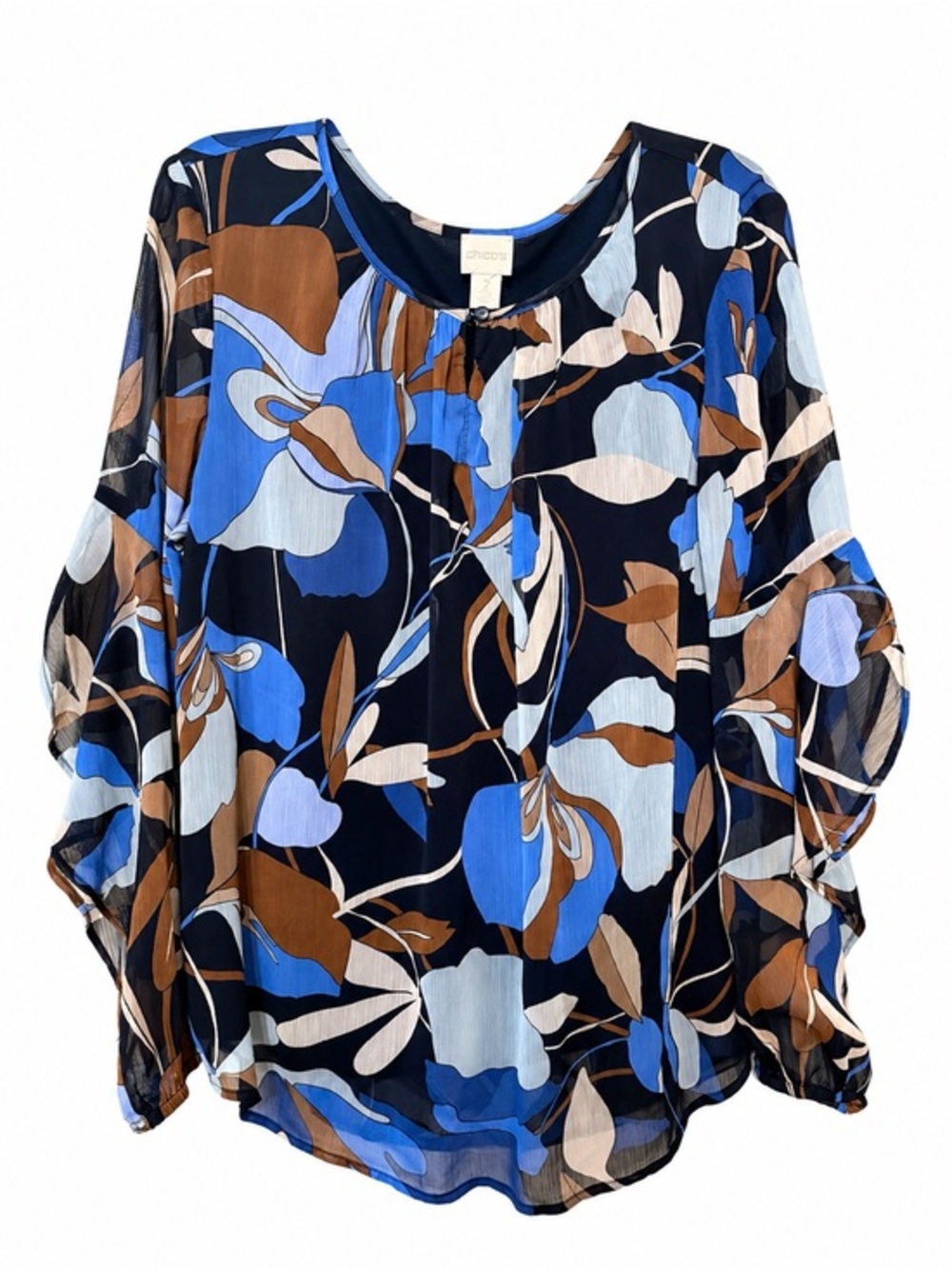 Chico's Navy Floral Dolman Blouse with Blue & Brown Blooms-size 2-GUC